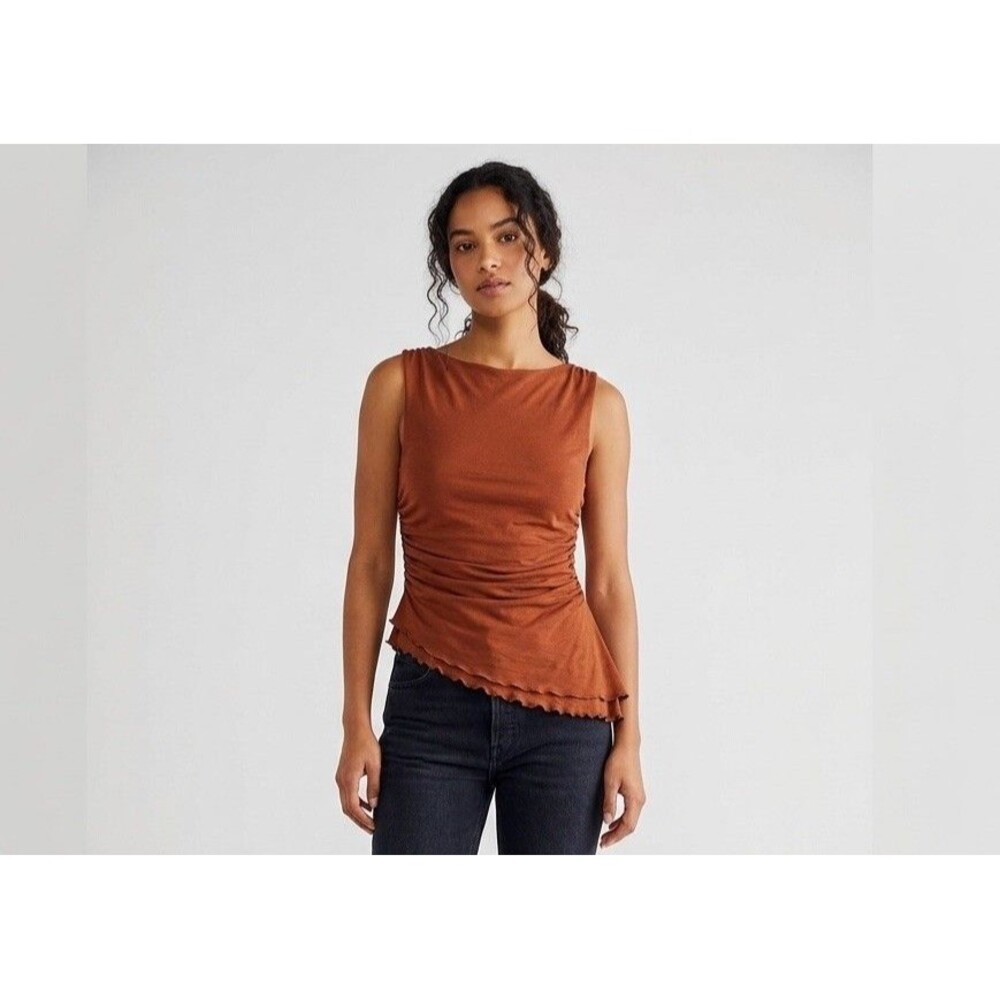 Free People XL Brown Ruched Sleeveless Asymmetrical Hem Top Burnt Orange